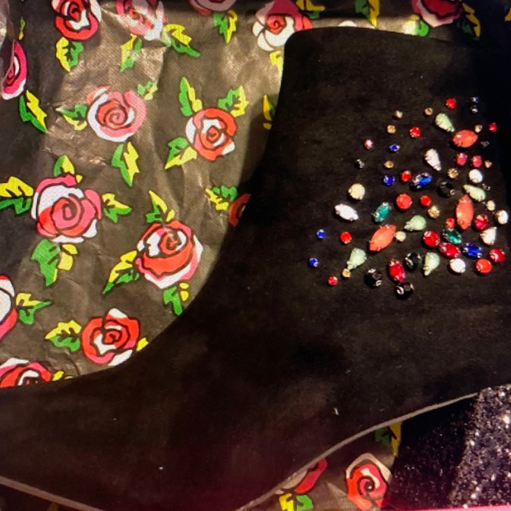Betsy Johnson Black Lea Suede Rhinestone Booties Square Toe